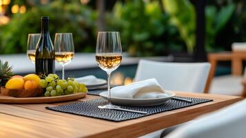 Elegant outdoor dining setting with wine and fresh fruit by the pool photo