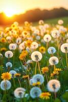 Dandelion field glowing during golden hour sunset creating a magical atmosphere photo