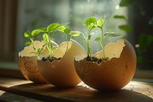 Seedlings growing in eggshells on wooden surface by window photo