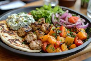 Grilled chicken souvlaki with pita, roasted vegetables and tzatziki sauce photo