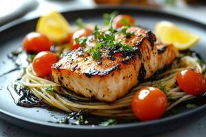 Grilled salmon fillet resting on a bed of spaghetti with cherry tomatoes and lemon photo
