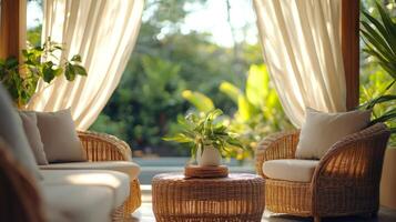 Patio lounge area with rattan furniture and tropical greenery creating a relaxing ambiance photo