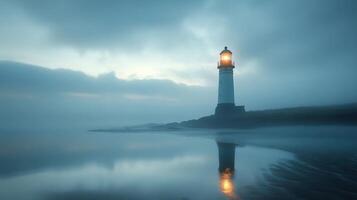 Lighthouse shining on a misty coast at twilight photo
