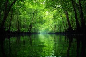 Lush green mangrove forest reflecting in the calm river water photo