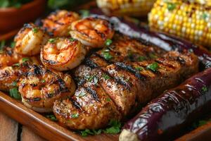 Grilled pork tenderloin, shrimp, corn on the cob, and eggplant creating a delicious summer meal photo