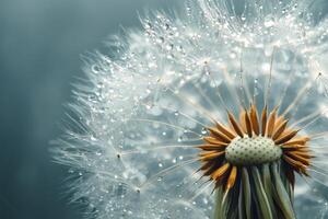 Dewy dandelion seeds showing tiny water droplets on a moody background photo