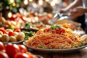 Delicious spaghetti with tomato sauce and basil garnished on a buffet table photo