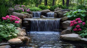Cascading waterfall flows through lush garden landscape photo