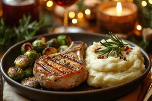 Grilled pork chop with mashed potatoes and roasted brussel sprouts, festive dinner setting photo