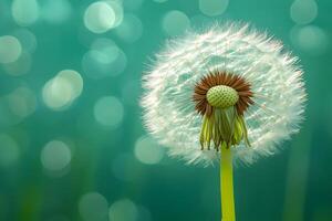 Dandelion clock showing seeds ready to disperse on a bokeh background photo