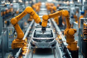 Robotic arms assembling car body in automated factory photo