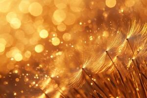 Dandelion seeds glowing in golden light creating magical bokeh effect photo