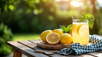 Refreshing lemonade with fresh mint and lemons on wooden table in garden setting photo