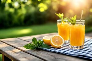 Two glasses of refreshing iced tea with lemon and mint on wooden table in garden setting photo