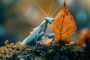 Praying mantis standing on moss with dry leaf in autumn forest photo