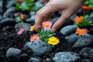 Gardener taking care of colorful flowers in garden bed photo