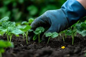 Farmer planting seedlings in fertile soil, cultivating growth and nurturing new life photo