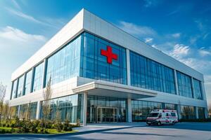 Ambulance waiting outside a modern hospital building on a sunny day photo
