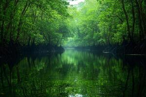 Lush mangrove forest reflecting in tranquil green water photo