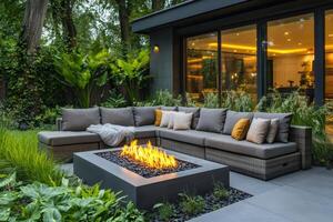 Modern backyard patio with fire pit and comfortable sectional sofa during evening photo