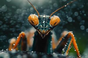 Praying mantis covered in dew drops posing on a branch photo