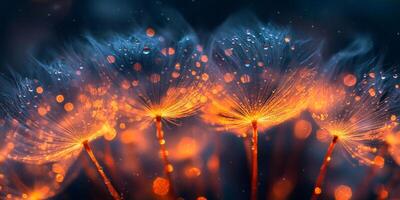 Glowing dandelion seeds with dew drops creating magical bokeh effect photo