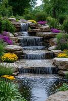 Cascading waterfall enhancing the beauty of a lush garden photo