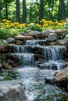 Cascading waterfall flowing through rocks in lush garden photo