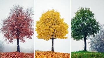 Three Trees in Different Seasons with Falling Snow photo
