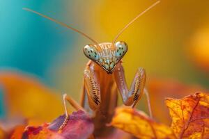 Praying mantis posing on autumn leaves with colorful background photo