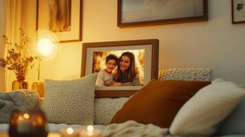 Framed Photo of a Mother and Son on a Cozy Sofa with Candles