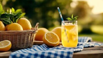 Refreshing lemonade with ice and mint on a rustic table in summer photo