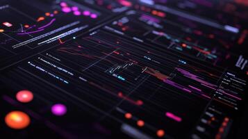 A close-up of a digital screen displaying colorful lines and graphs. photo