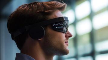 Man Wearing Futuristic Glasses with Data Display photo
