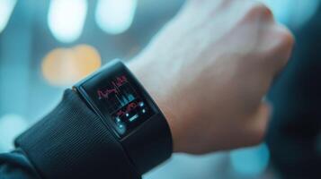 Close-up of a person's wrist wearing a smartwatch displaying a graph in red photo