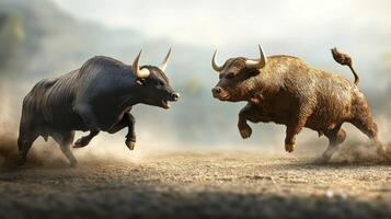 Two Bulls Charging Towards Each Other in a Dusty Arena photo