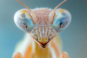 Praying mantis showing its compound eyes in extreme close up photo