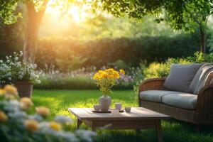 Relaxing summer garden with comfortable sofa and coffee table at sunset photo