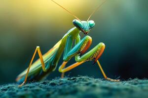 Praying mantis posing on a branch, close up of striking insect photo
