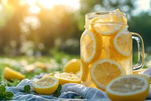 Refreshing lemonade in a mason jar with sliced lemons and mint on a sunny day photo
