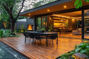 Modern house exterior with wooden deck, dining table and open living room showing interior design photo