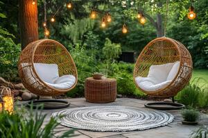 Cozy backyard patio with hanging chairs and string lights creating relaxing ambiance photo