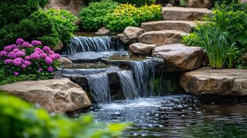 Cascading waterfall enhancing tranquil garden setting with lush greenery photo