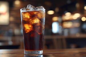 Refreshing glass of cola with ice cubes on a table in a restaurant photo
