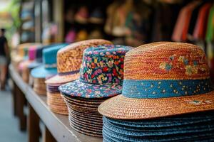 Colorful handmade straw hats are displayed on a wooden table at a market stall photo