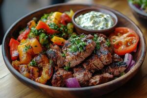 Sizzling grilled steak with roasted vegetables and creamy yogurt sauce photo