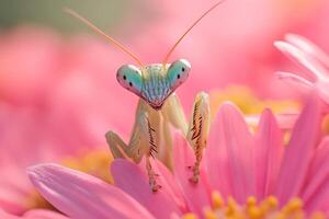 Praying mantis posing on a pink flower, close up of an insect photo