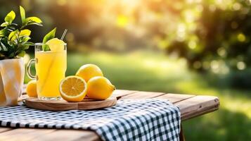 Refreshing lemonade with lemons on table in sunny garden photo