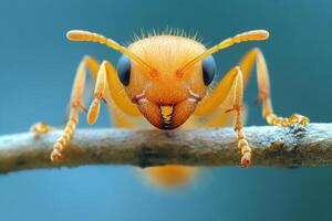 Orange ant standing on a branch with blue background photo