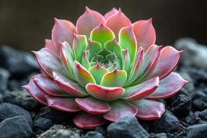 Echeveria succulent plant growing on volcanic stones, displaying vibrant pink and green colors.. photo